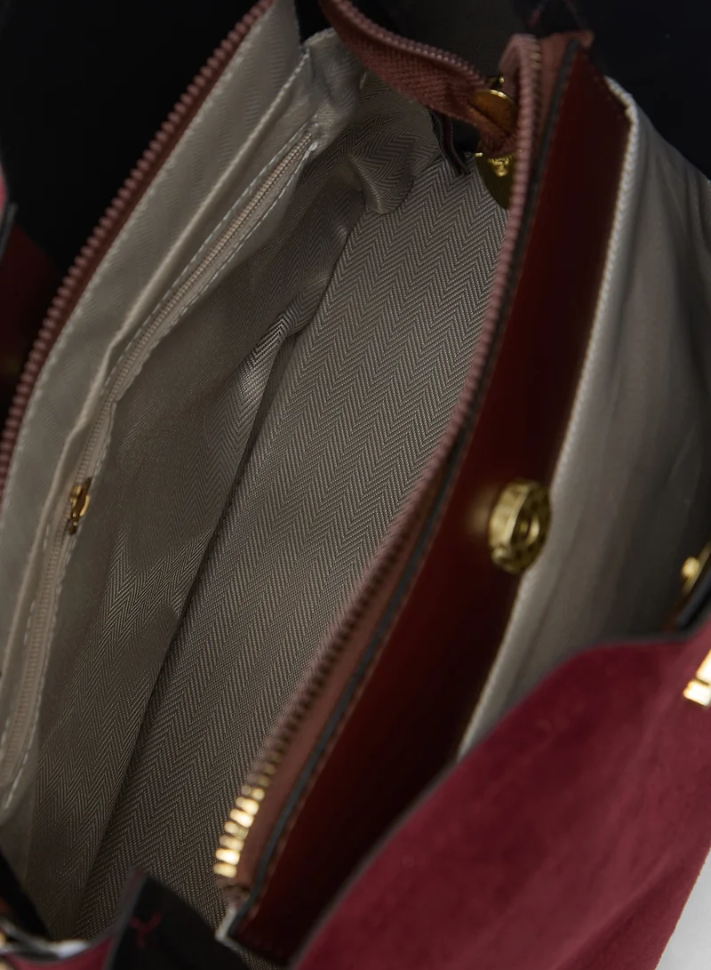 ELLA Red Gold Accent Detail Structured Bucket Bag With Top Handle And Strap for Women | Best Price UAE
